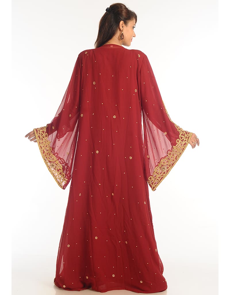 Maroon Zari Embroidered Georgette Bridal Kaftan (2-Piece) - Image 4