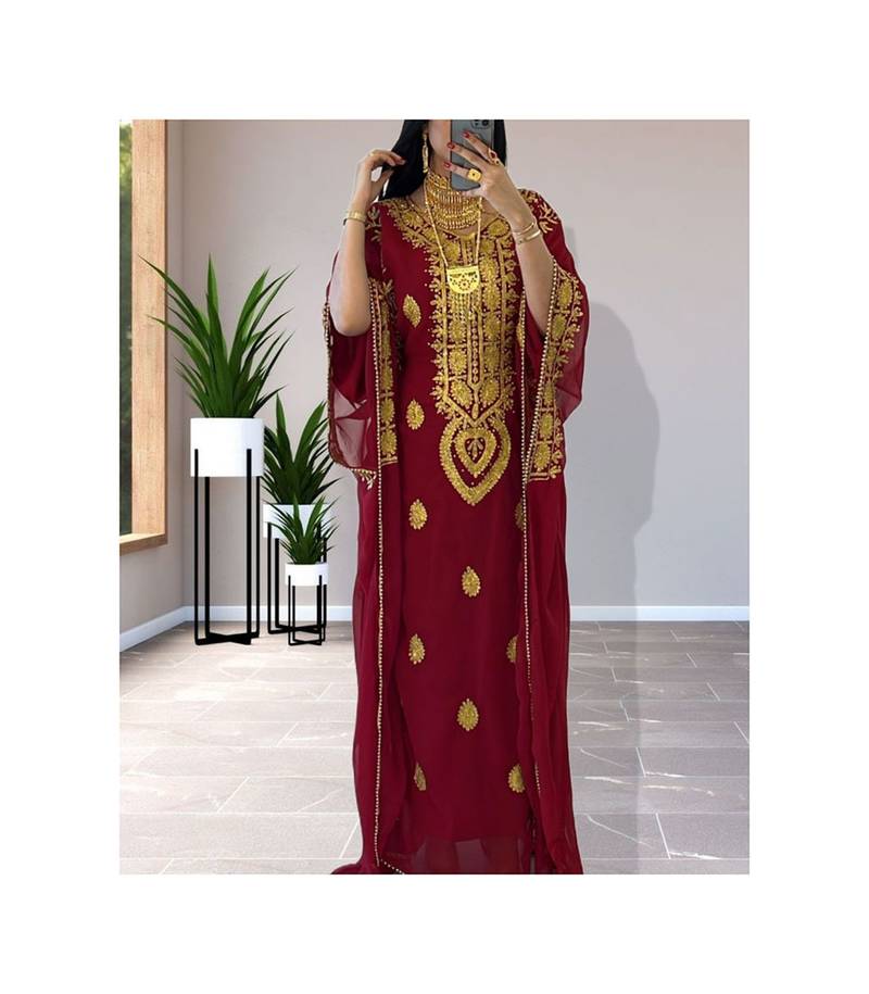 Pakistani Maroon Zari Embroidered Georgette Kaftan (1-Pc) - Image 1