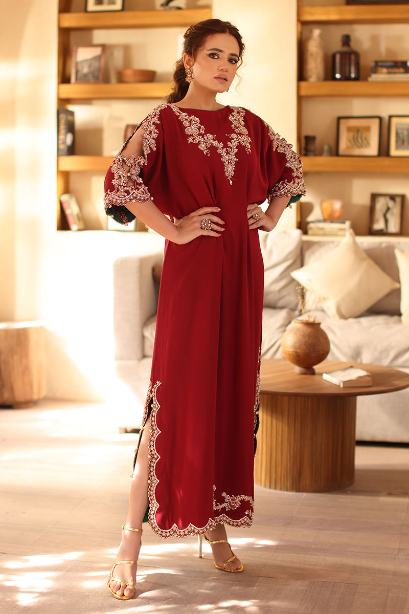 Pakistani Maroon Hand-Embellished Pure Raw Silk Kaftan (1-Pc) - Image 1
