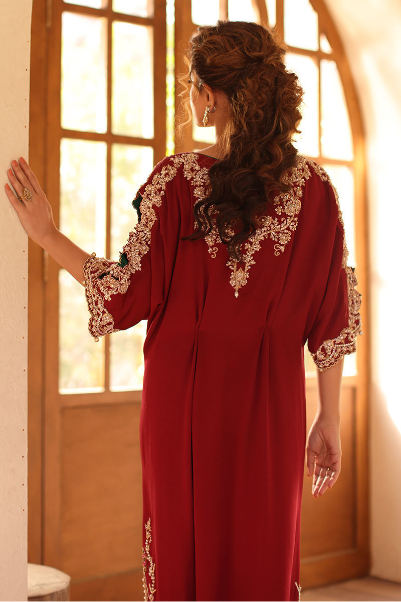 Pakistani Maroon Hand-Embellished Pure Raw Silk Kaftan (1-Pc) - Image 10