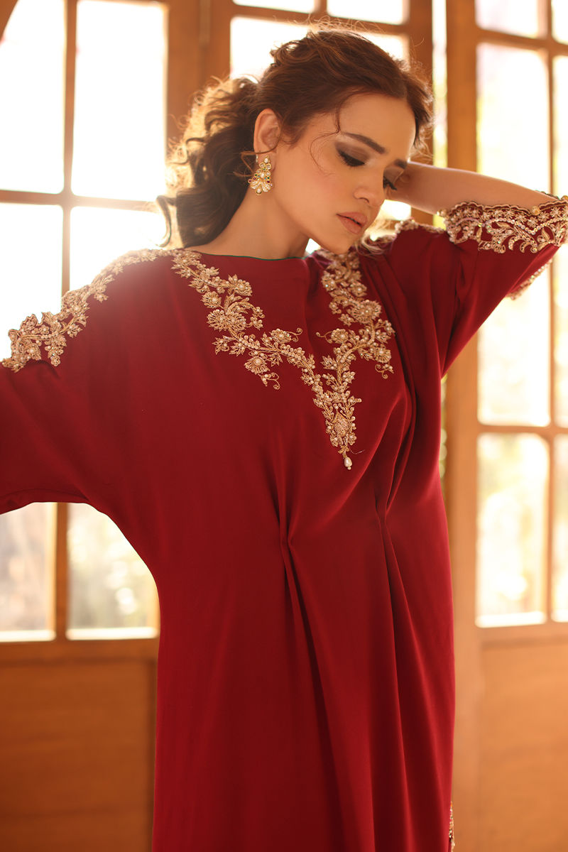 Pakistani Maroon Hand-Embellished Pure Raw Silk Kaftan (1-Pc) - Image 2
