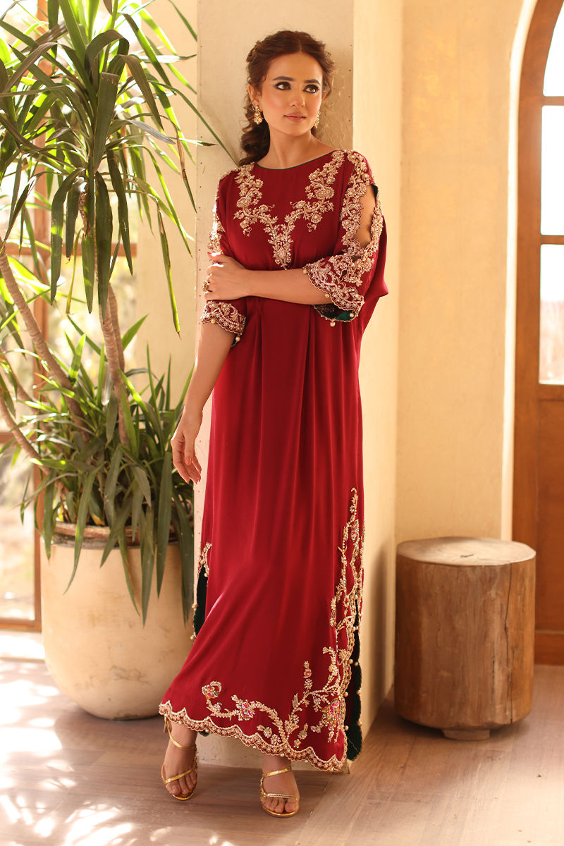 Pakistani Maroon Hand-Embellished Pure Raw Silk Kaftan (1-Pc) - Image 3
