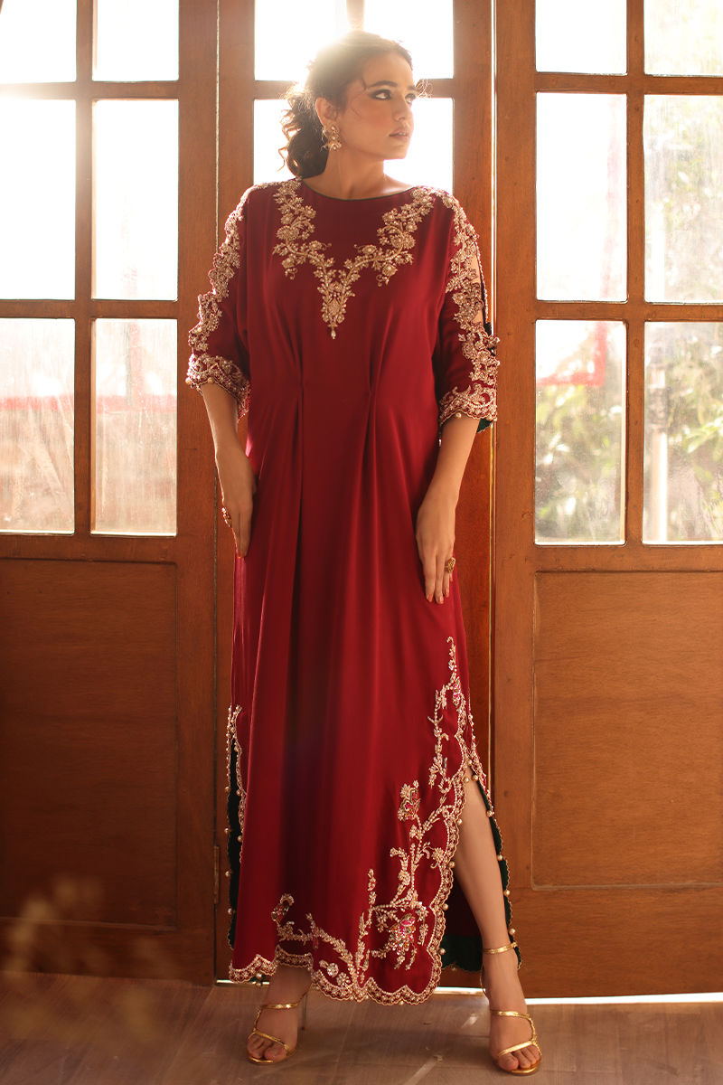 Pakistani Maroon Hand-Embellished Pure Raw Silk Kaftan (1-Pc) - Image 7