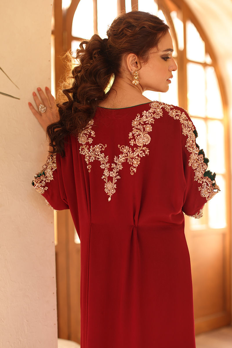 Pakistani Maroon Hand-Embellished Pure Raw Silk Kaftan (1-Pc) - Image 8