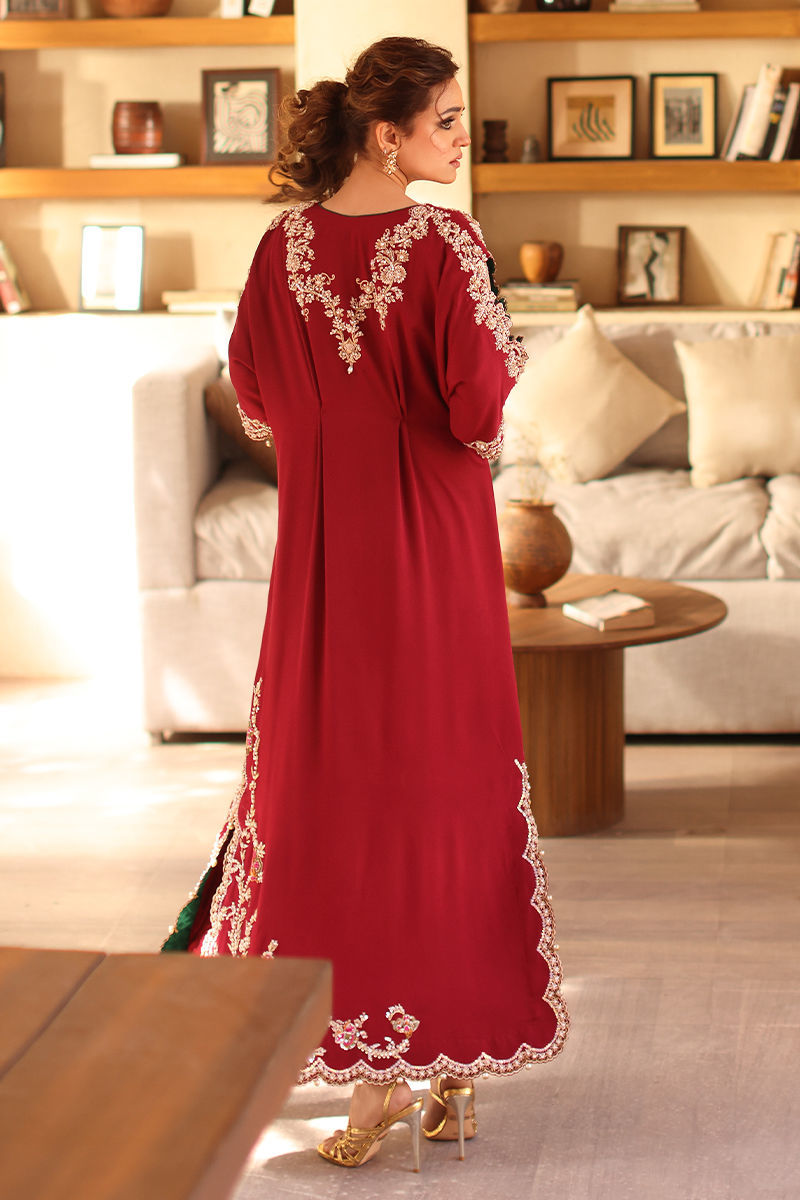 Pakistani Maroon Hand-Embellished Pure Raw Silk Kaftan (1-Pc) - Image 9