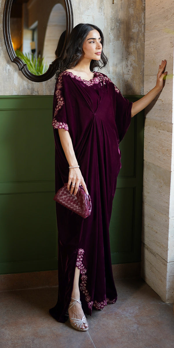 Deep Wine Cutwork Embroidered Velvet Kaftan (1-Pc) - Image 1