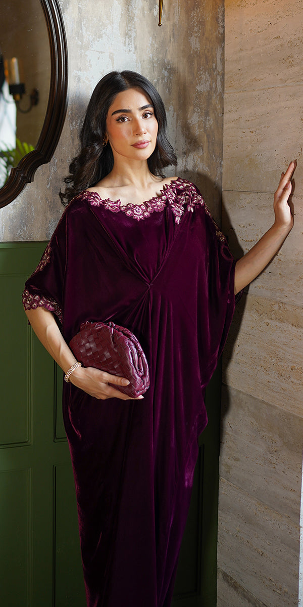 Deep Wine Cutwork Embroidered Velvet Kaftan (1-Pc) - Image 3