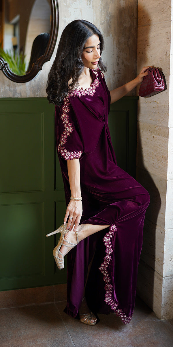 Deep Wine Cutwork Embroidered Velvet Kaftan (1-Pc) - Image 6