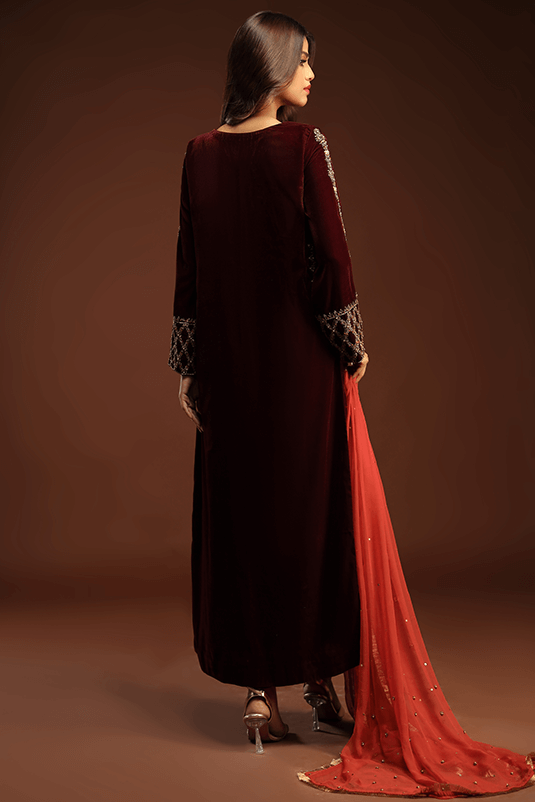Maroon Hand Embroidered Velvet Kaftan (3-Piece) - Image 5