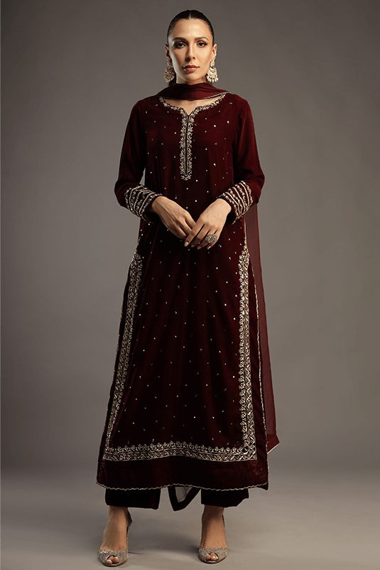 Maroon Embellished Velvet Kaftan Dress (3-Piece) - Image 2
