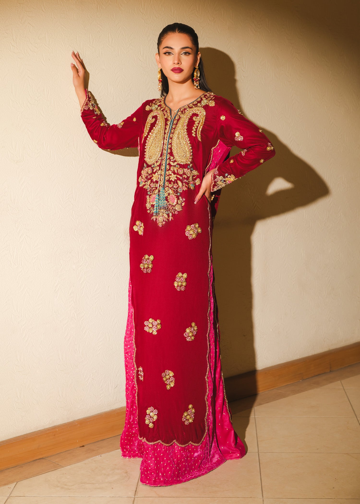Pakistani Maroon Embellished Velvet Kaftan (1-Pc) - Image 1