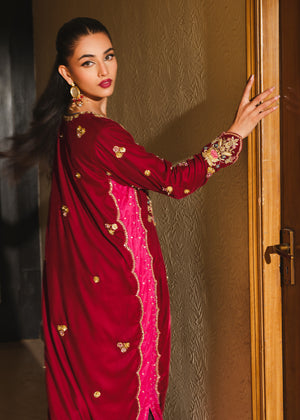 Pakistani Maroon Embellished Velvet Kaftan (1-Pc) - Image 6