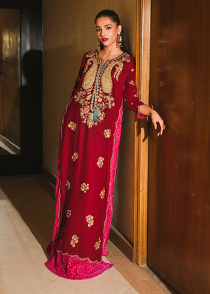 Pakistani Maroon Embellished Velvet Kaftan (1-Pc) - Image 8