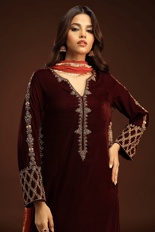 Pakistani Maroon Embroidered Velvet Kaftan Dress (3-Piece) - Image 3