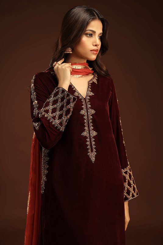 Pakistani Maroon Embroidered Velvet Kaftan Dress (3-Piece) - Image 4