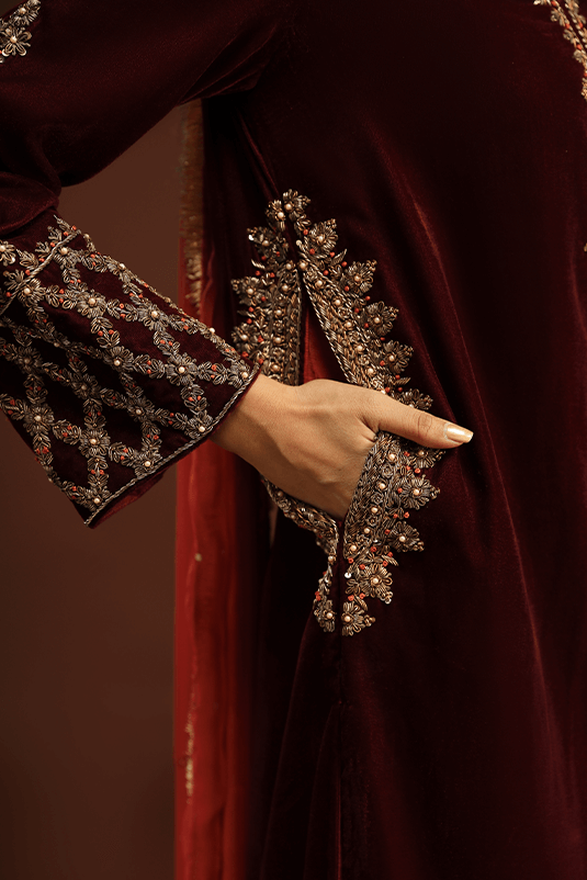 Pakistani Maroon Embroidered Velvet Kaftan Dress (3-Piece) - Image 6