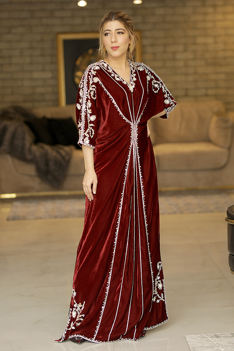 Maroon Embellished Velvet Kaftan (1-Pc) - Image 1