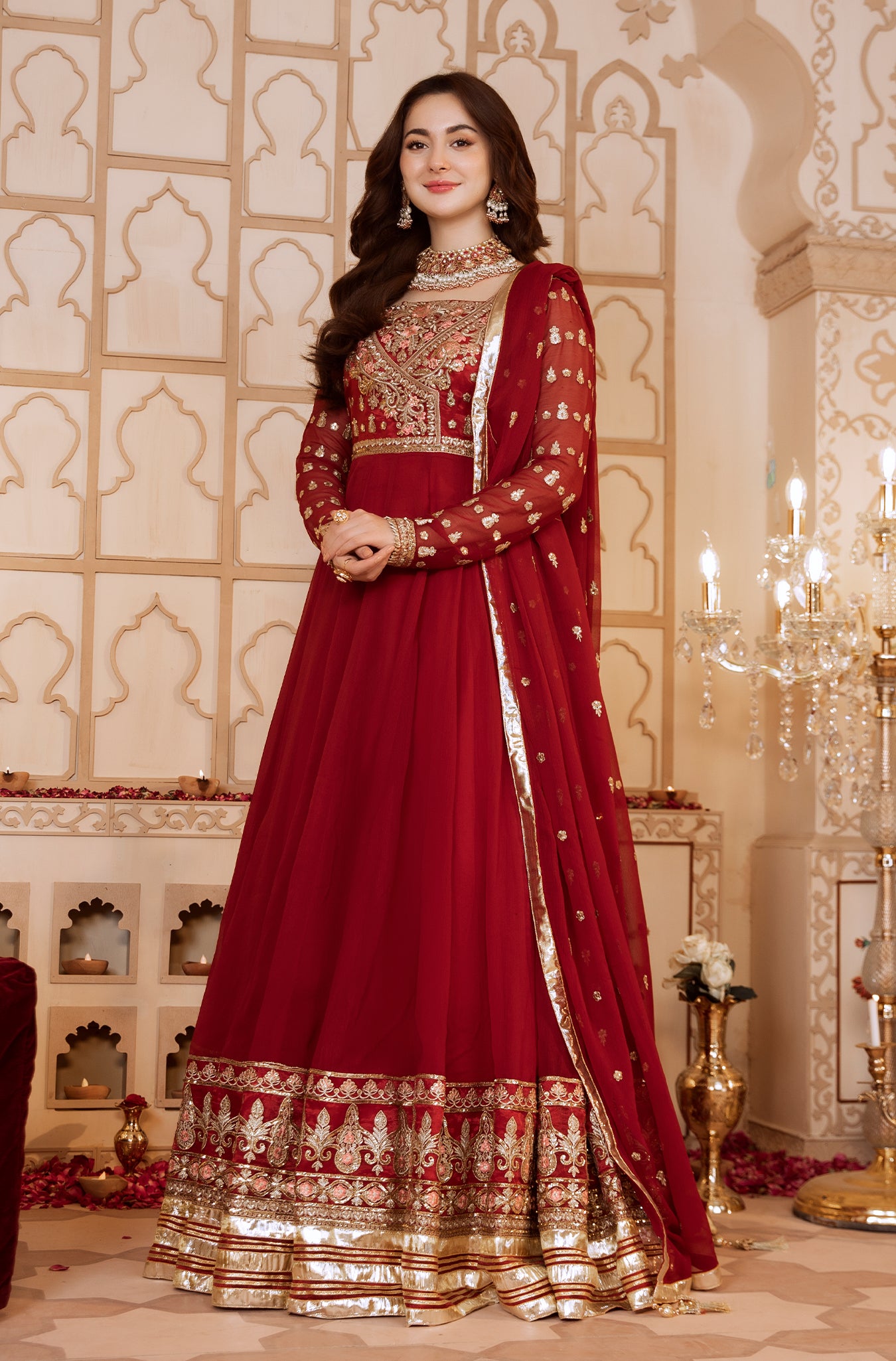 Pakistani Maroon Embroidered Chiffon Kalidar Dress (2-Piece) - Image 1