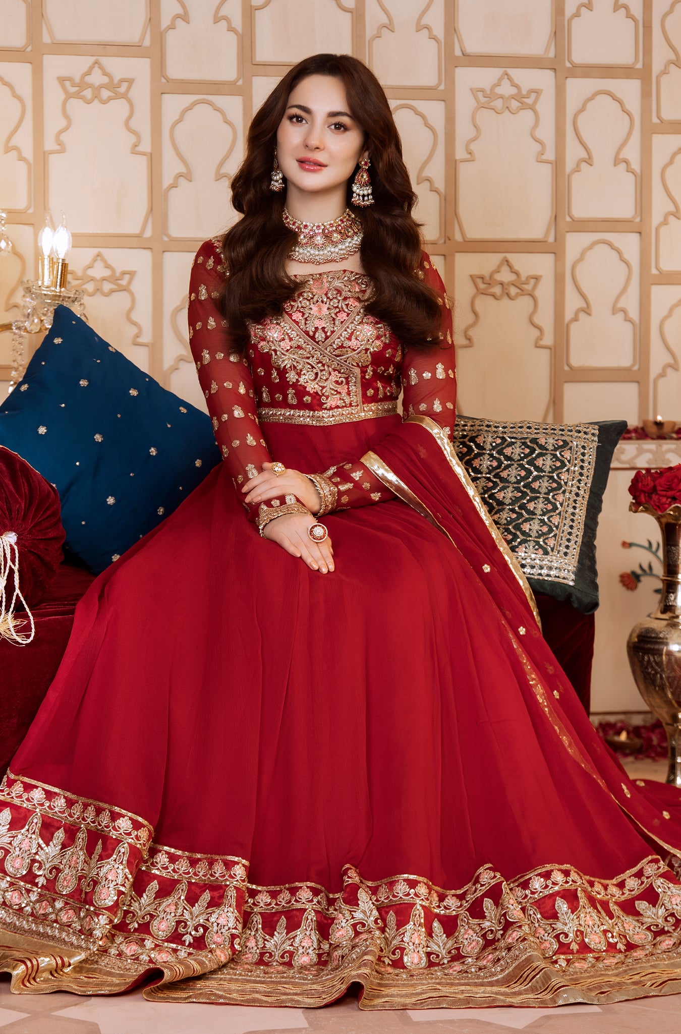 Pakistani Maroon Embroidered Chiffon Kalidar Dress (2-Piece) - Image 2