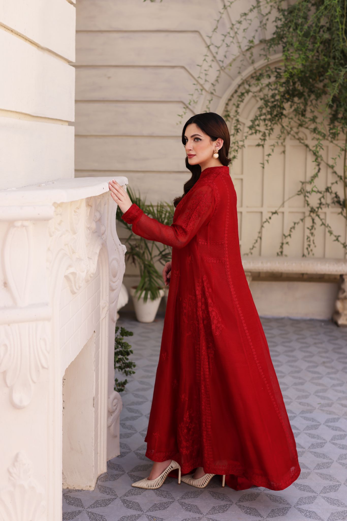 Maroon Hand Ari Embroidered Cotton Net Kalidaar (3-Piece) - Image 4