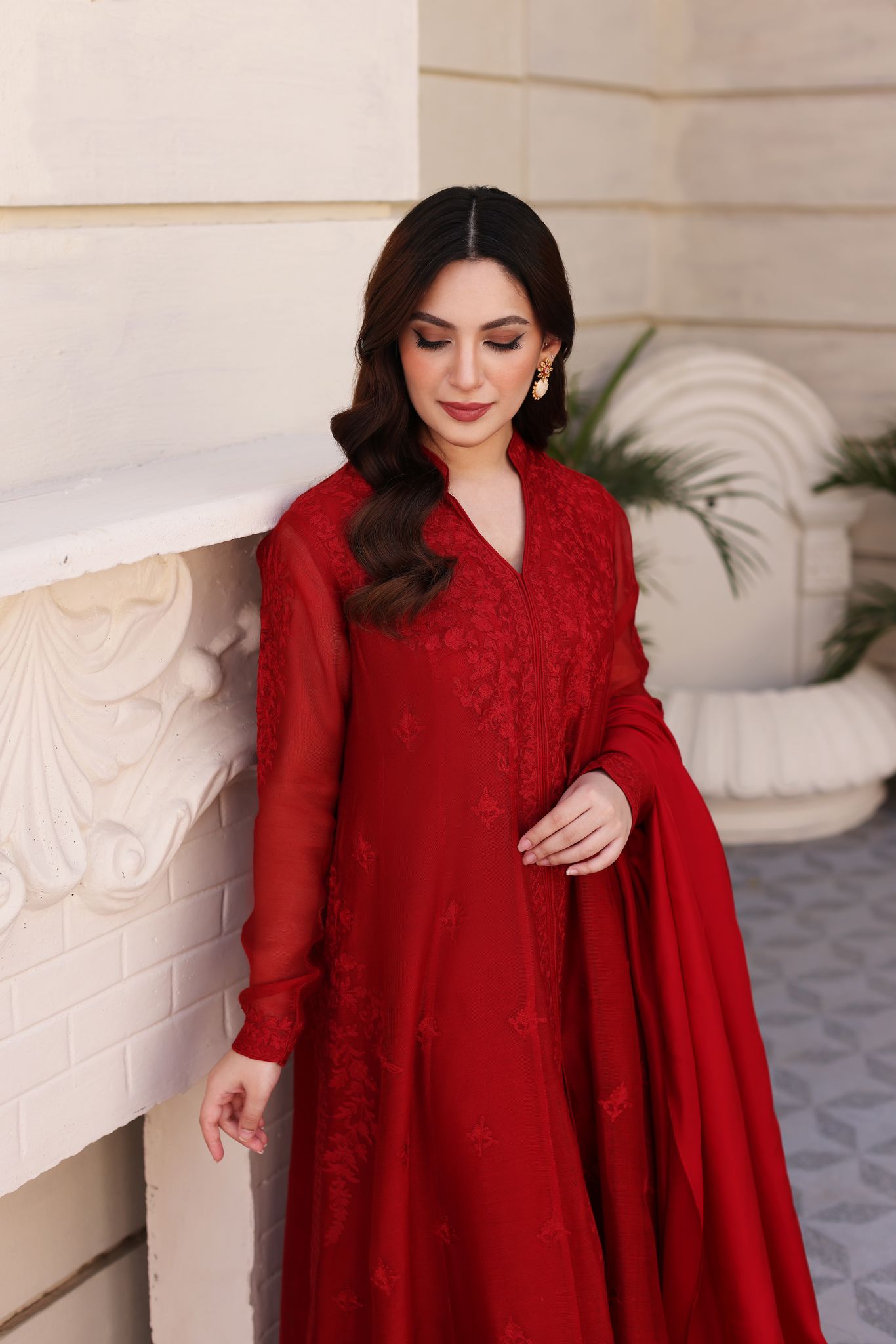 Maroon Hand Ari Embroidered Cotton Net Kalidaar (3-Piece) - Image 5