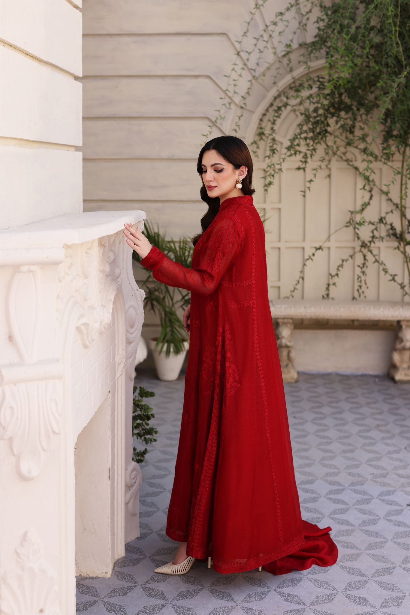 Maroon Hand Ari Embroidered Cotton Net Kalidaar (3-Piece) - Image 6