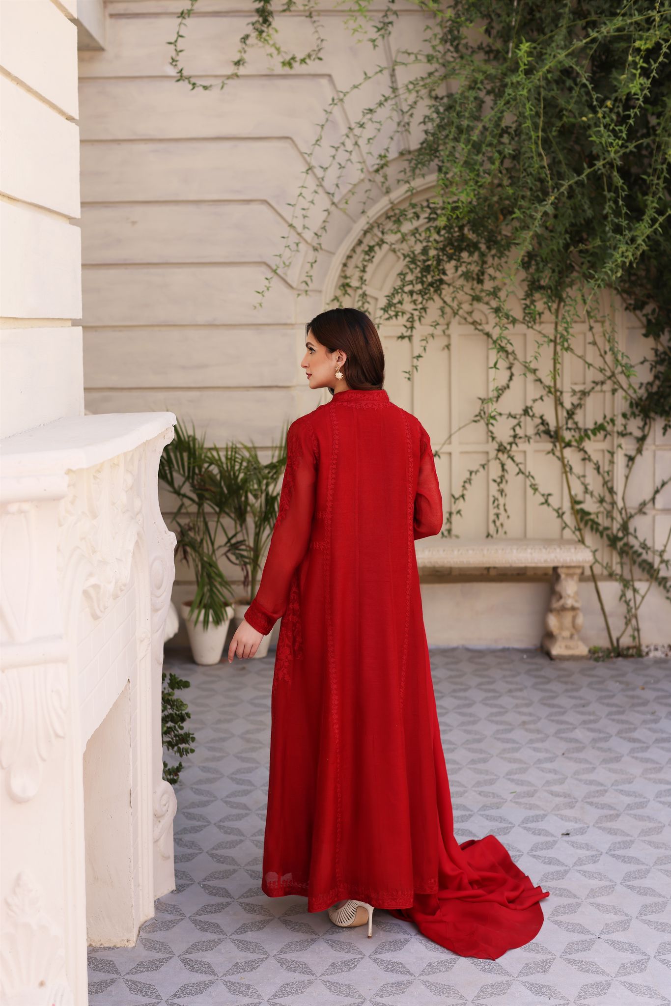 Maroon Hand Ari Embroidered Cotton Net Kalidaar (3-Piece) - Image 7