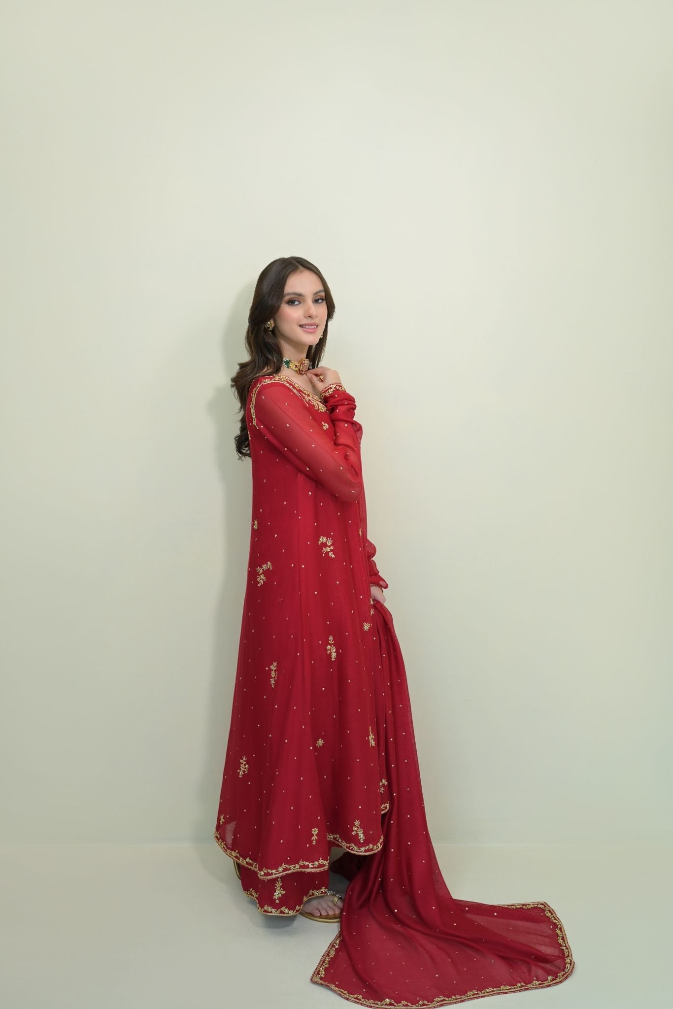 Pakistani Maroon Ada Work Handloom Cotton Net Kalidaar (3-Piece) - Image 3