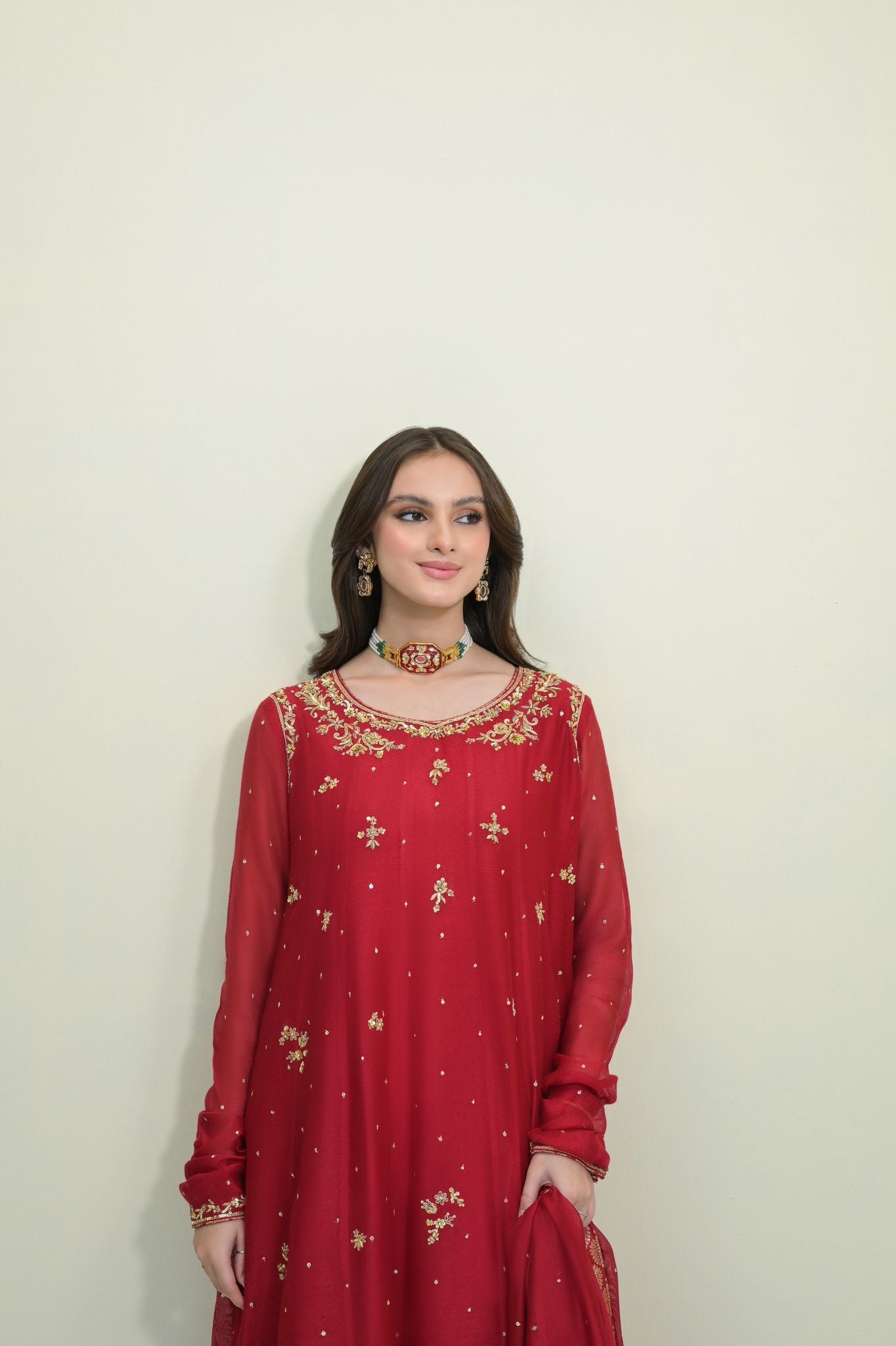 Pakistani Maroon Ada Work Handloom Cotton Net Kalidaar (3-Piece) - Image 4