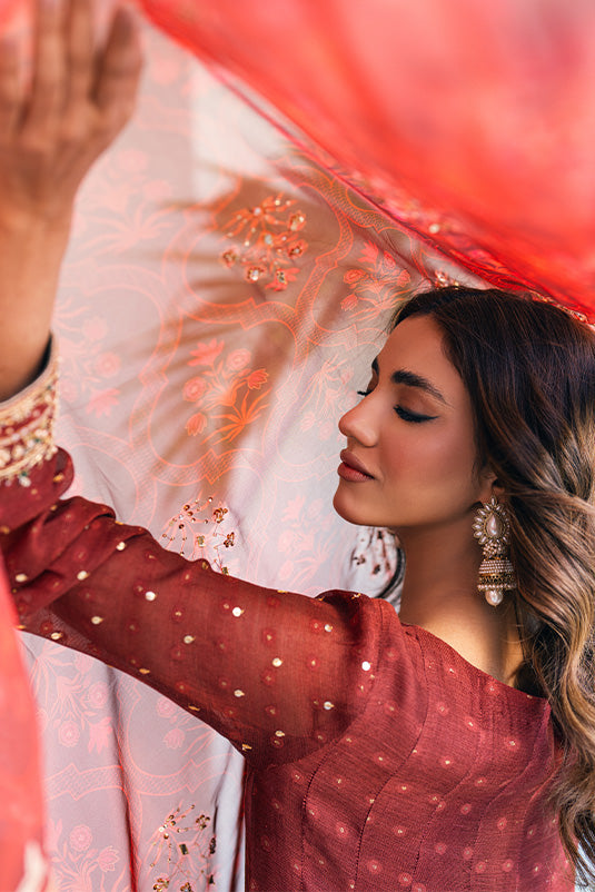 Pakistani Maroon Hand Embroidered Khaadi Net Kalidaar (3-Piece) - Image 1