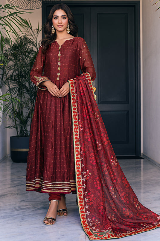 Pakistani Maroon Hand Embroidered Khaadi Net Kalidaar (3-Piece) - Image 3