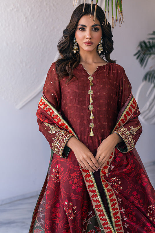 Pakistani Maroon Hand Embroidered Khaadi Net Kalidaar (3-Piece) - Image 4
