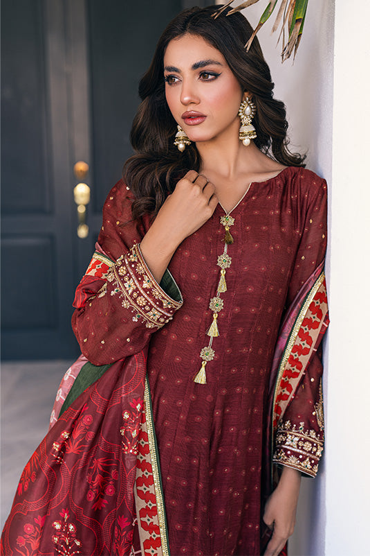 Pakistani Maroon Hand Embroidered Khaadi Net Kalidaar (3-Piece) - Image 5