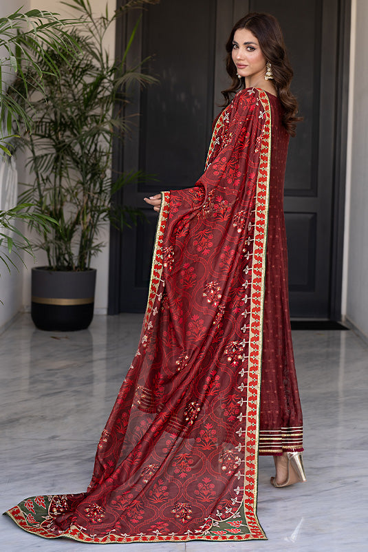 Pakistani Maroon Hand Embroidered Khaadi Net Kalidaar (3-Piece) - Image 6