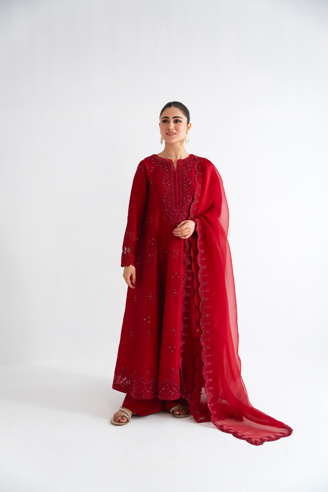 Pakistani Maroon Embroidered Pure Raw Silk Kalidaar (3-Piece) - Image 1