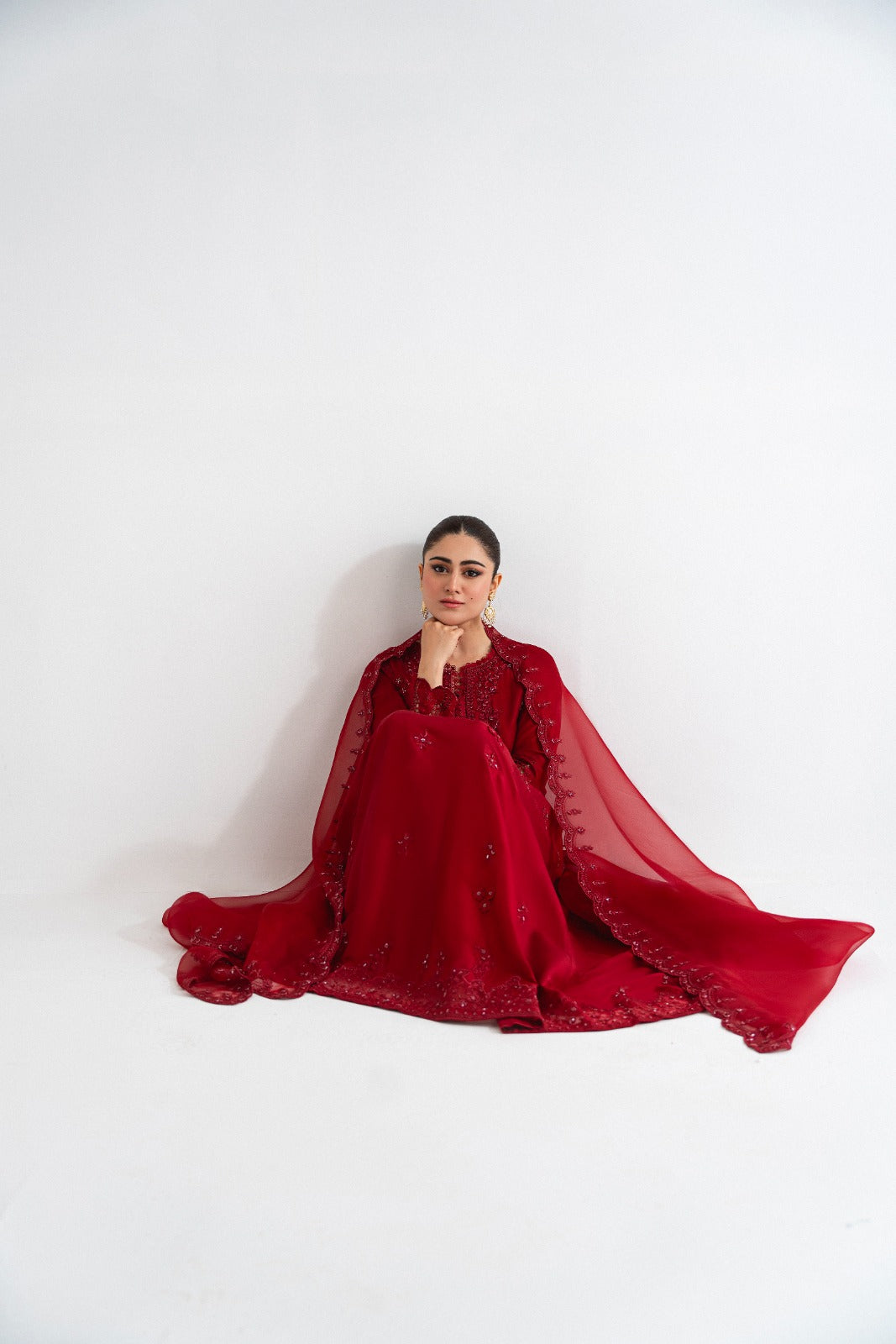 Pakistani Maroon Embroidered Pure Raw Silk Kalidaar (3-Piece) - Image 3