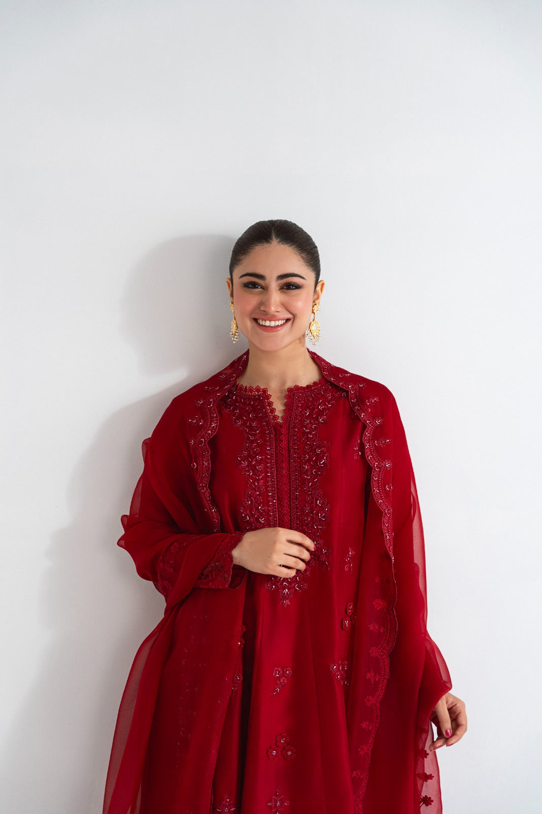 Pakistani Maroon Embroidered Pure Raw Silk Kalidaar (3-Piece) - Image 4