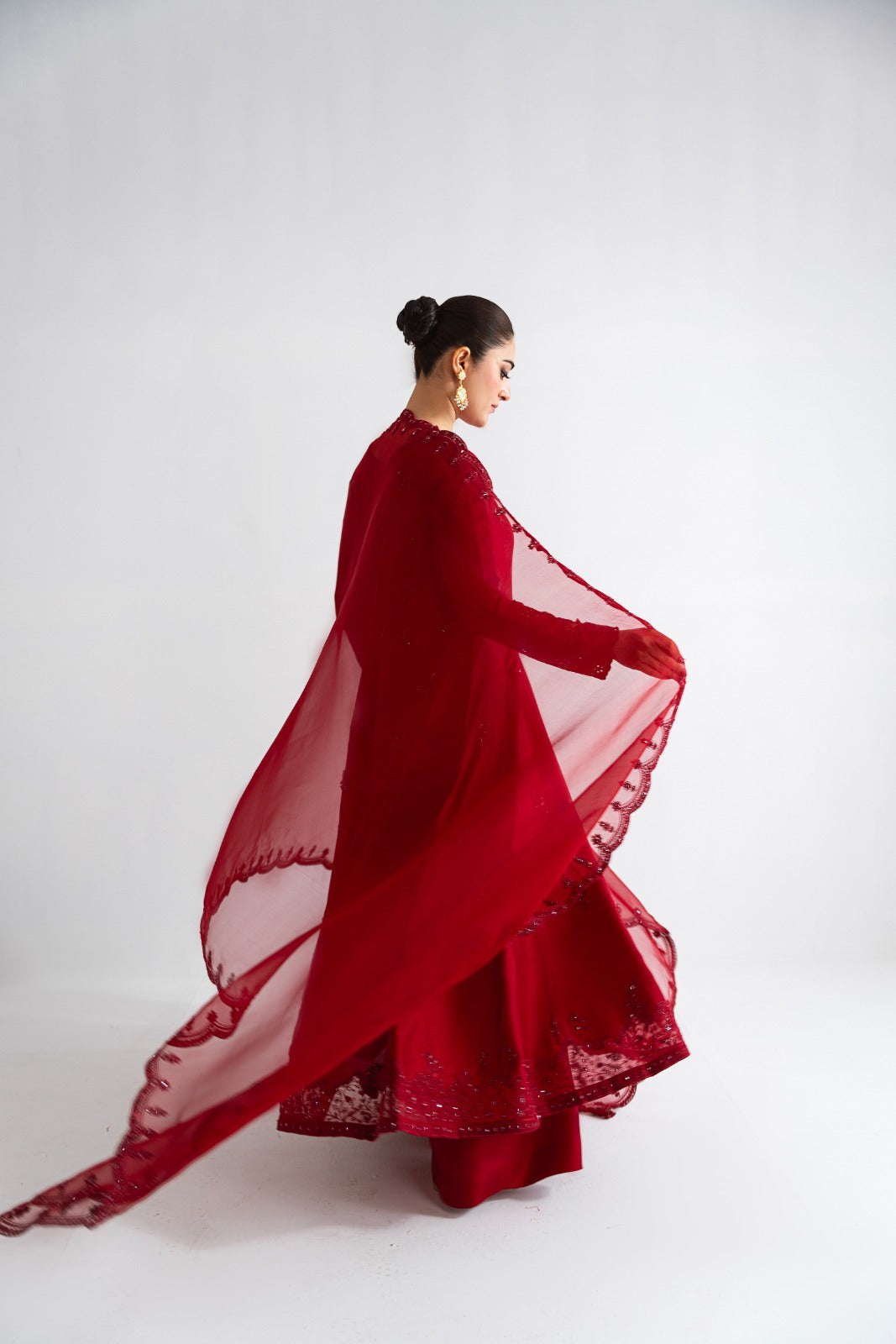 Pakistani Maroon Embroidered Pure Raw Silk Kalidaar (3-Piece) - Image 5