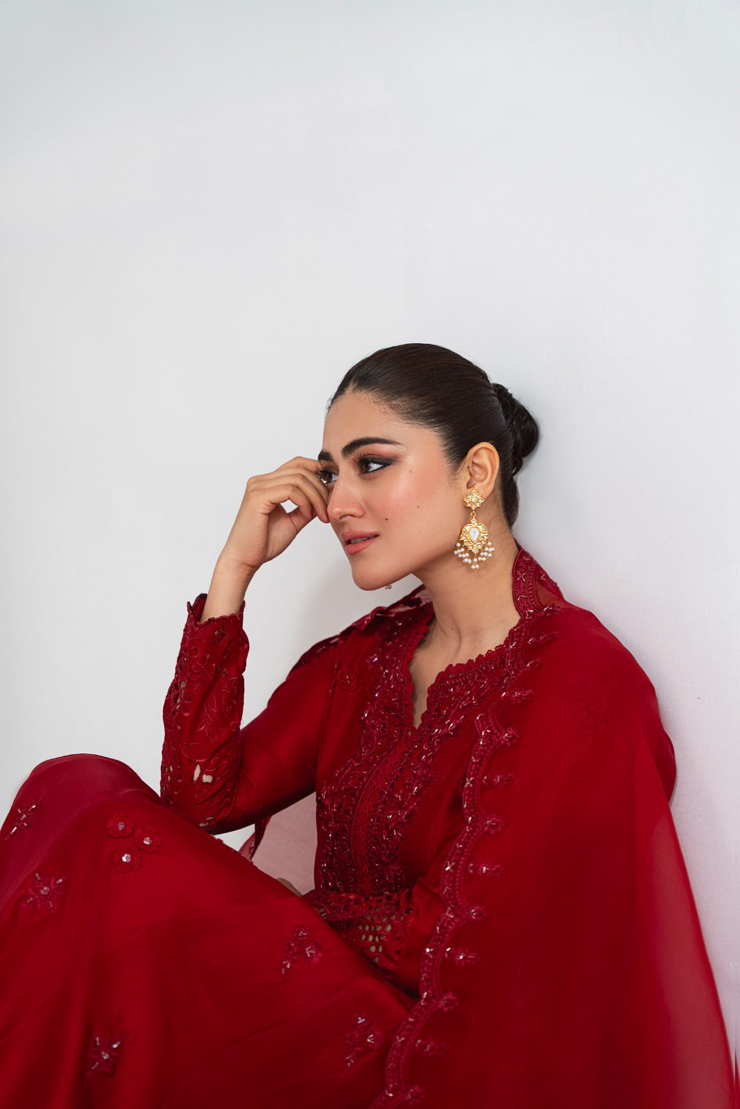 Pakistani Maroon Embroidered Pure Raw Silk Kalidaar (3-Piece) - Image 7