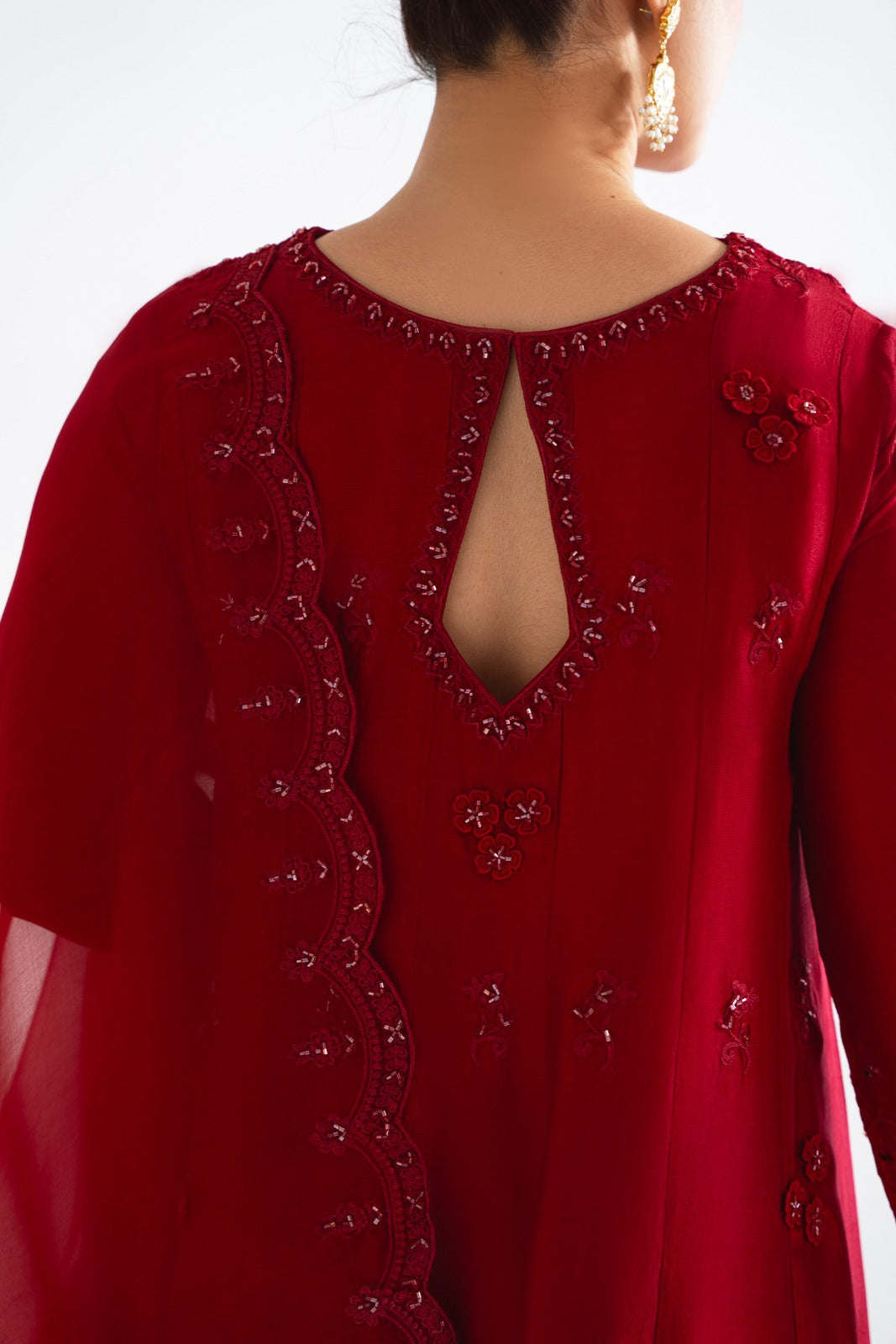 Pakistani Maroon Embroidered Pure Raw Silk Kalidaar (3-Piece) - Image 8