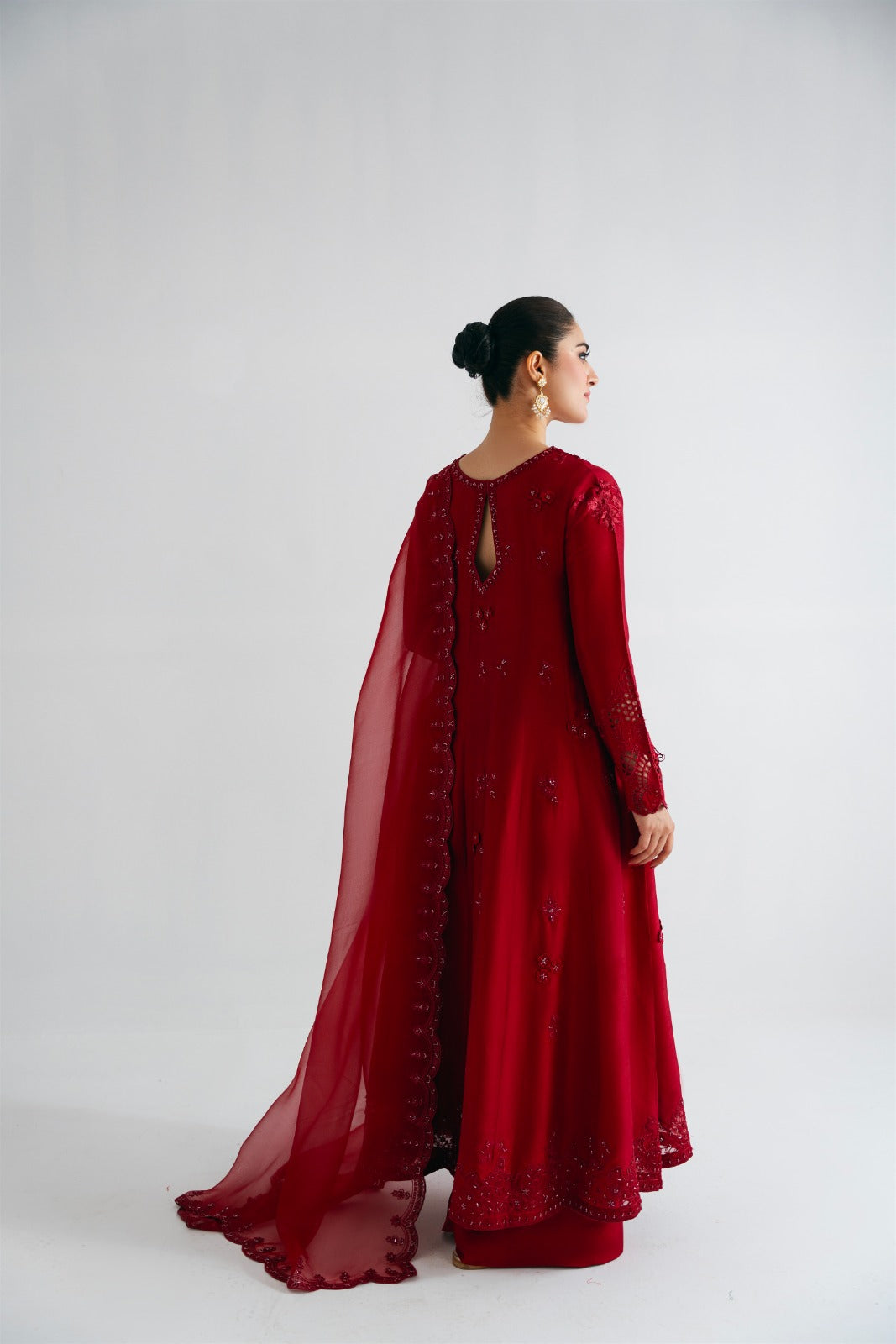 Pakistani Maroon Embroidered Pure Raw Silk Kalidaar (3-Piece) - Image 9