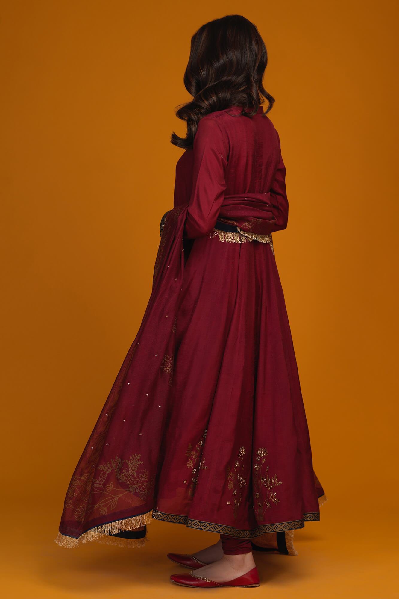 Maroon Hand-Embellished Raw Silk Kalidar (3-Piece) - Image 3