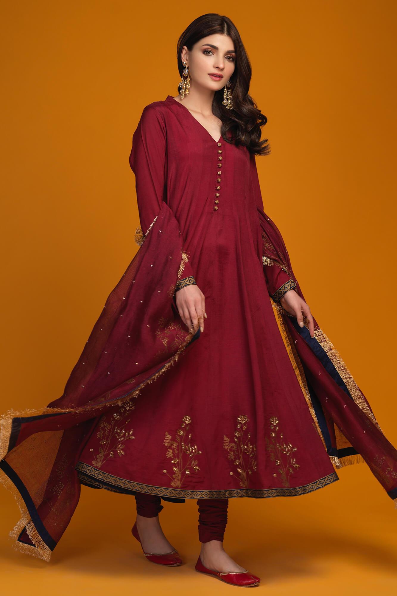 Maroon Hand-Embellished Raw Silk Kalidar (3-Piece) - Image 5