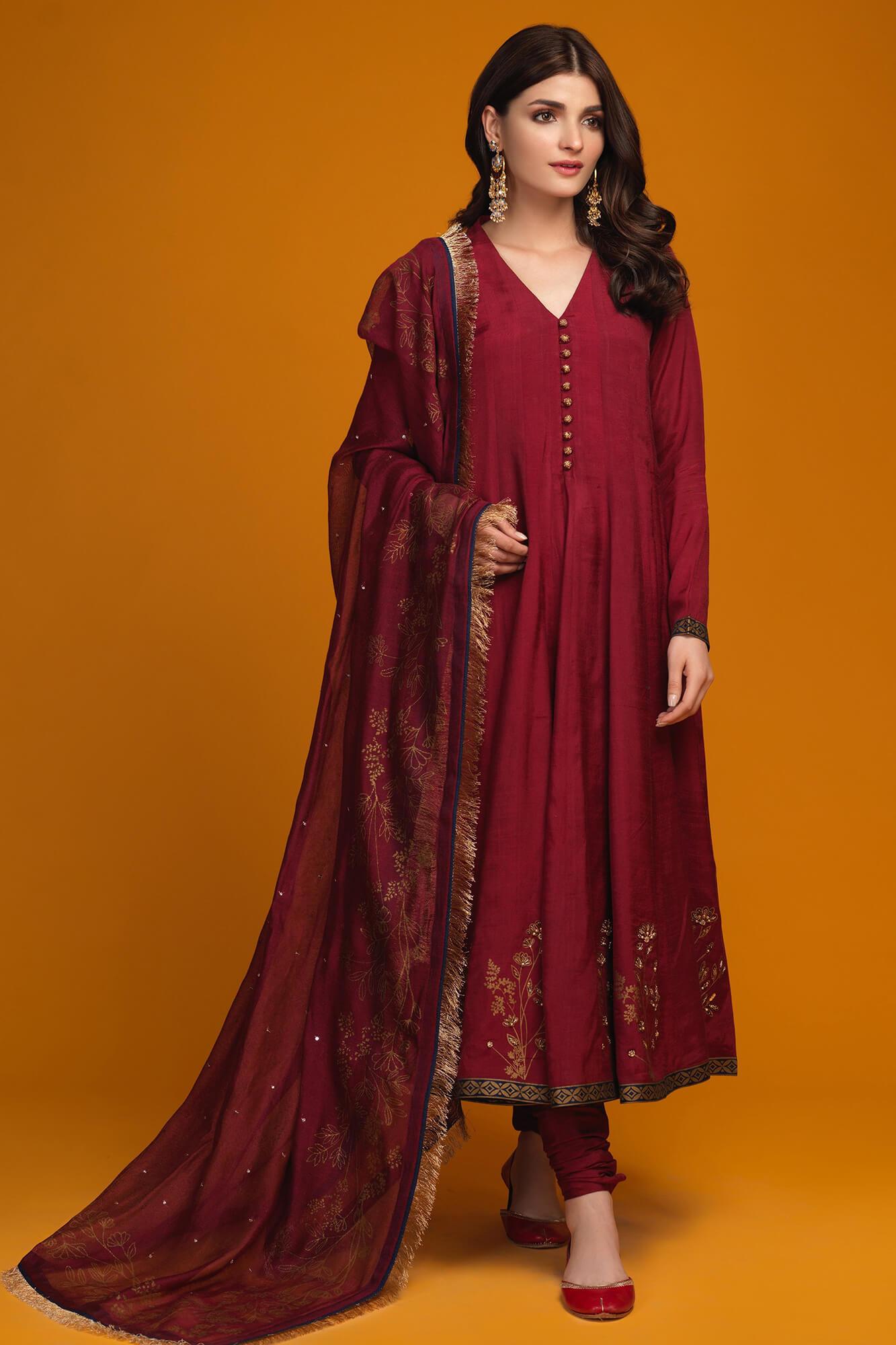 Maroon Hand-Embellished Raw Silk Kalidar (3-Piece) - Image 6