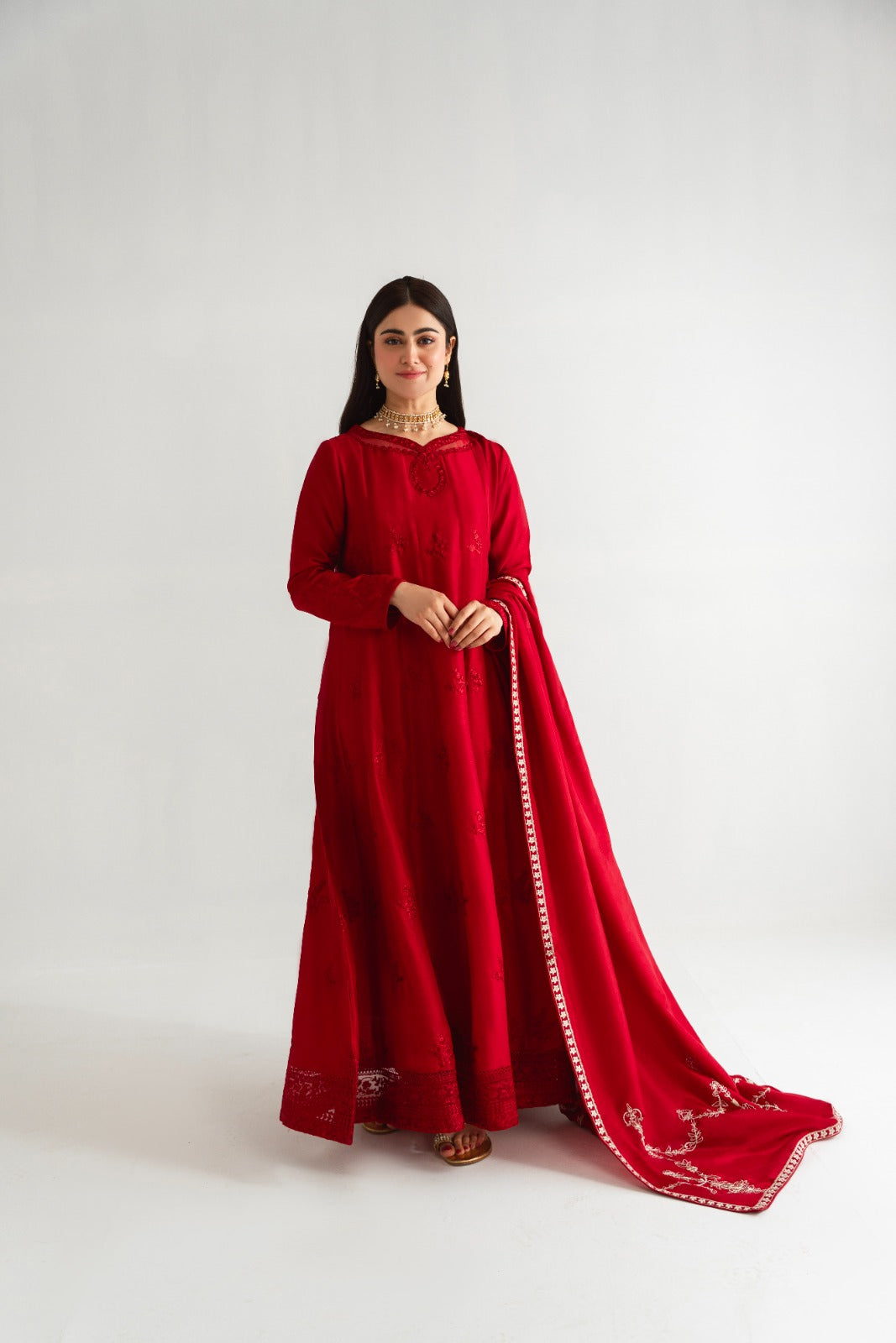 Pakistani Maroon Embroidered Pure Raw Silk Kalidaar (3-Piece) - Image 1