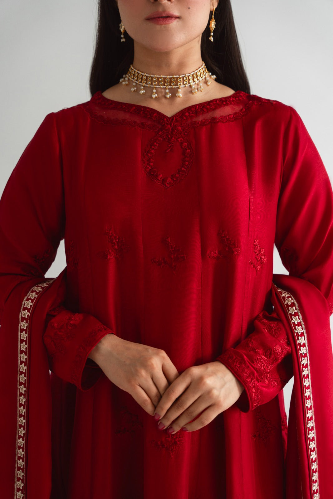 Pakistani Maroon Embroidered Pure Raw Silk Kalidaar (3-Piece) - Image 2