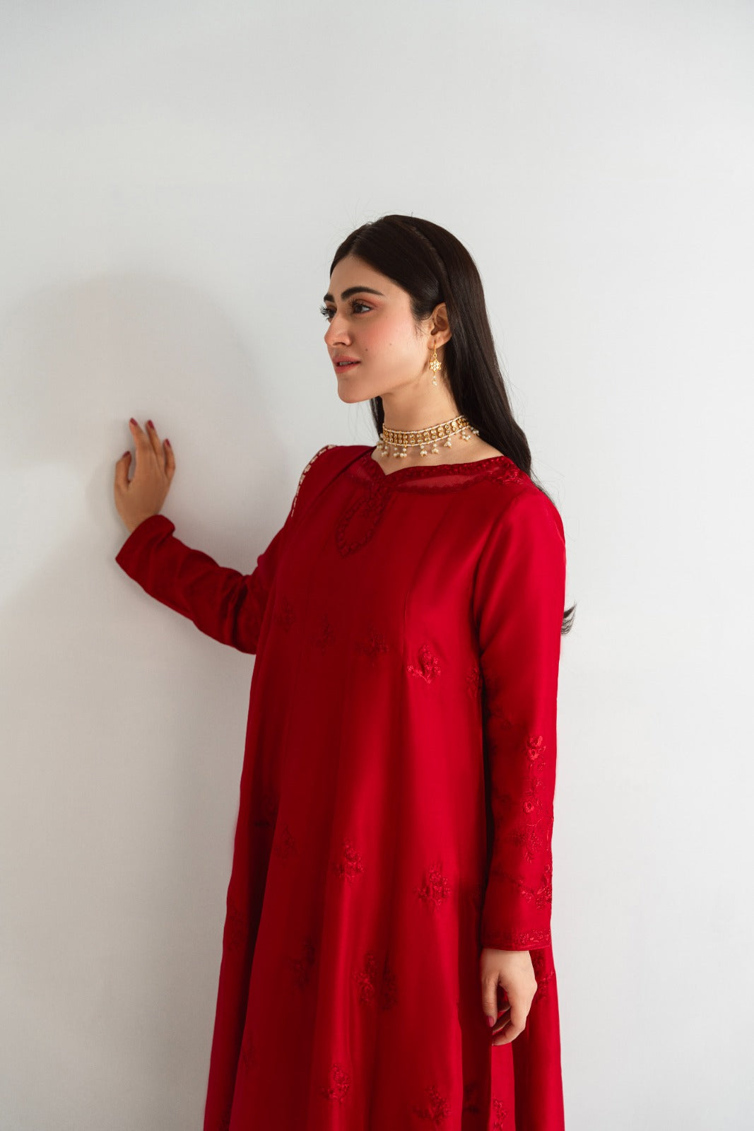 Pakistani Maroon Embroidered Pure Raw Silk Kalidaar (3-Piece) - Image 3