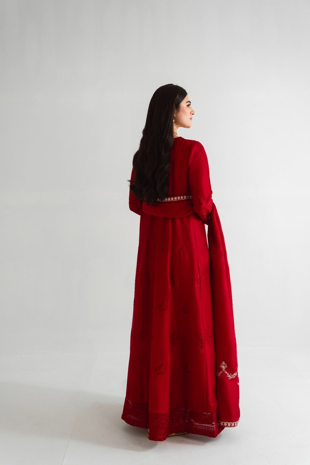 Pakistani Maroon Embroidered Pure Raw Silk Kalidaar (3-Piece) - Image 4