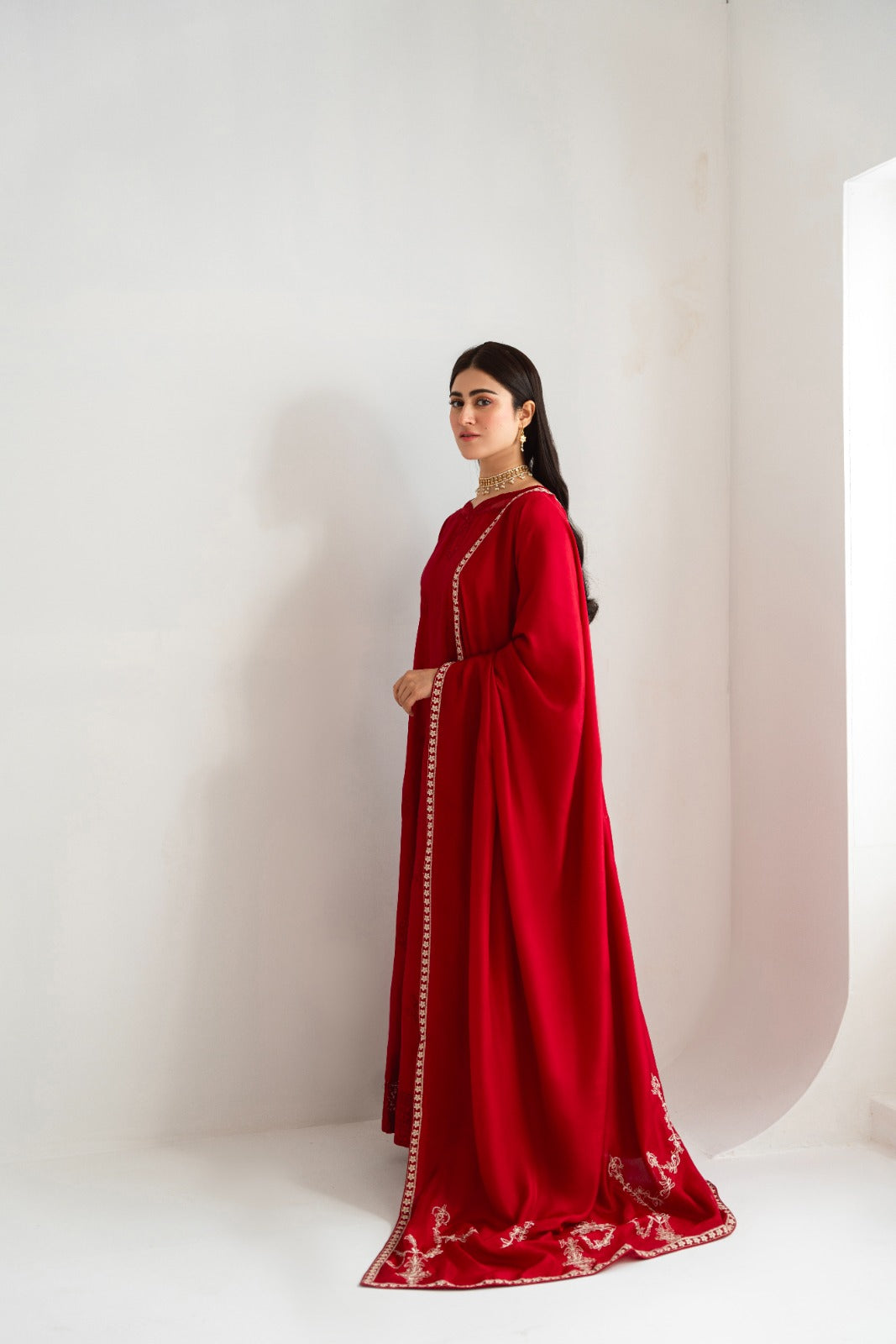 Pakistani Maroon Embroidered Pure Raw Silk Kalidaar (3-Piece) - Image 5