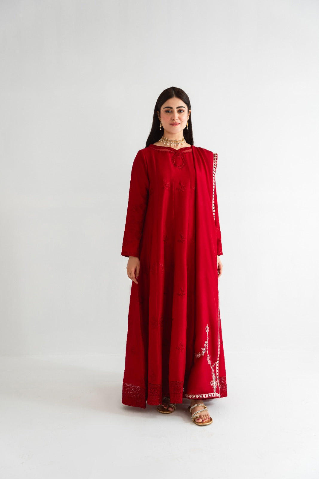 Pakistani Maroon Embroidered Pure Raw Silk Kalidaar (3-Piece) - Image 6